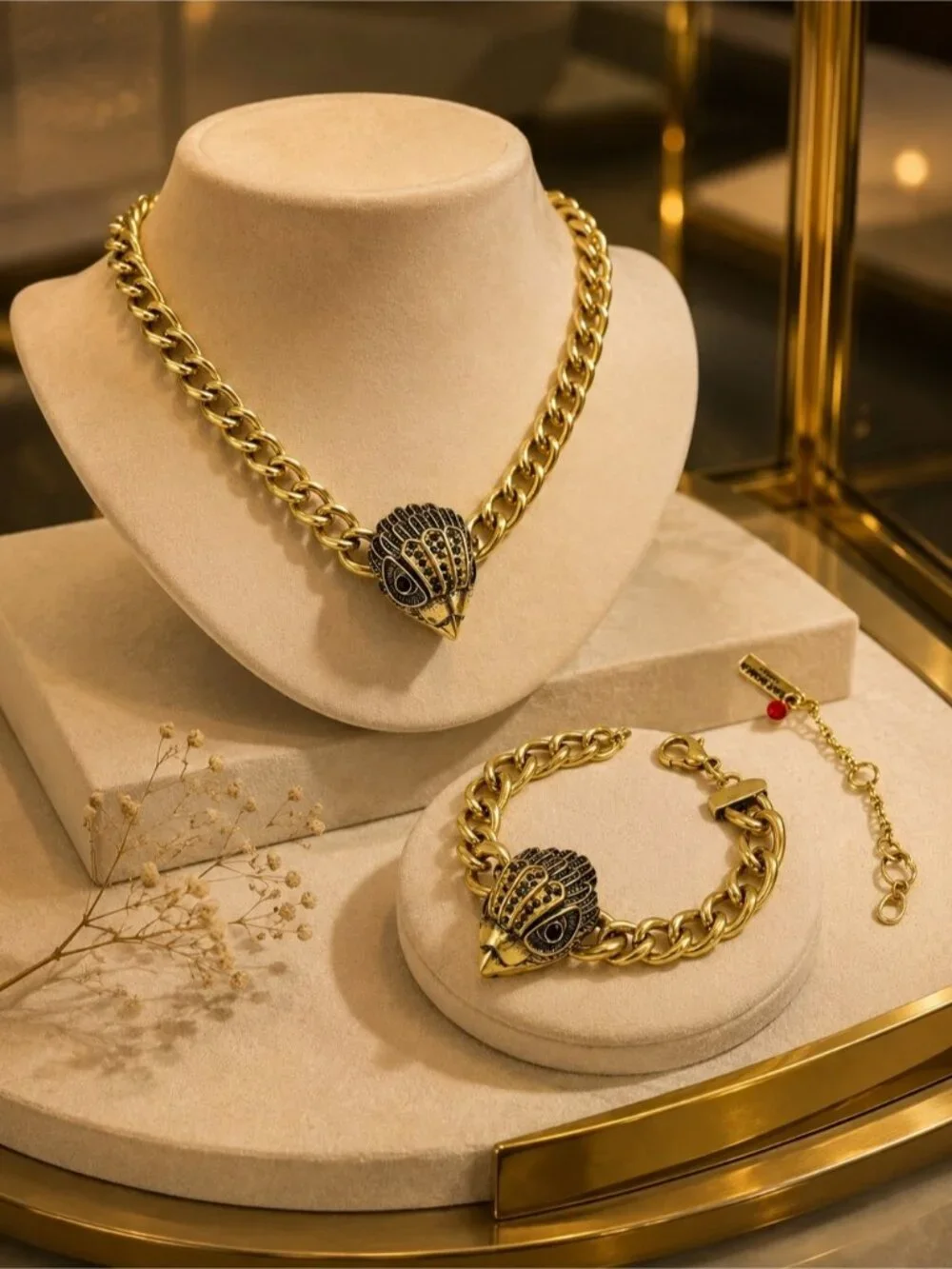 Luxe Collection Vintage Gold Tone Necklace & Bracelet Set with Black Accents